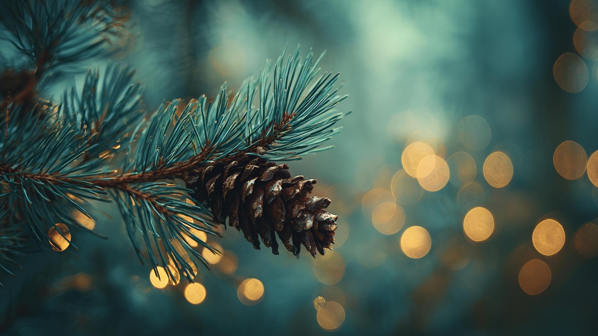 Close-up of pine tree branch with cones.