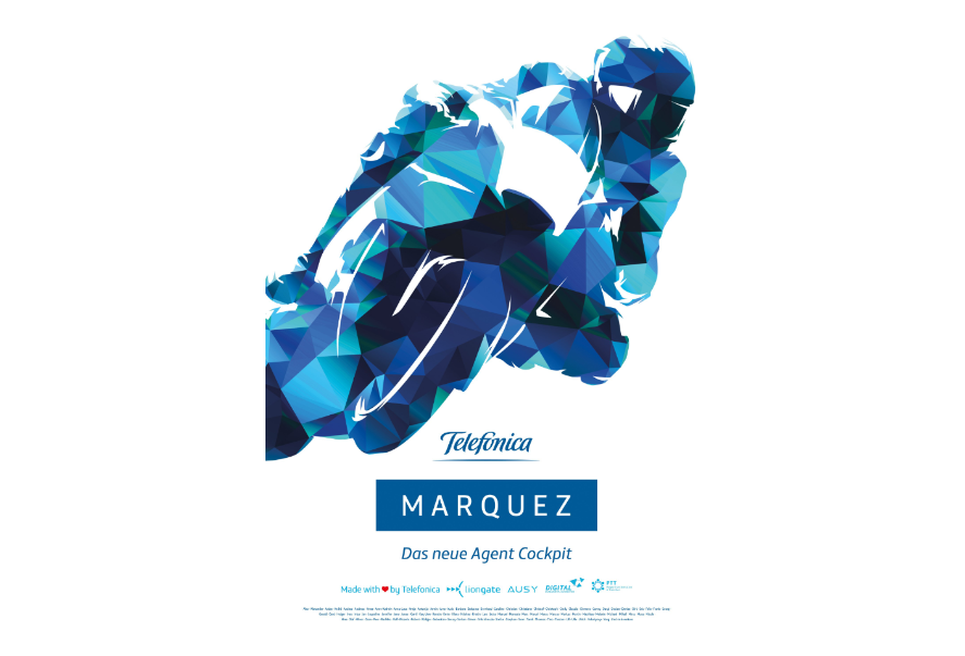 Abstract blue motorcycle rider poster for Telefónica Agent Cockpit